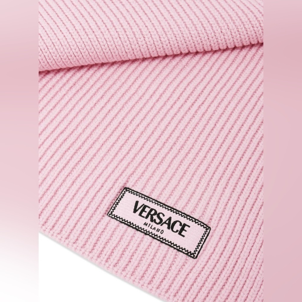 Versace logo patch knit 100% wool scarf pink NWT